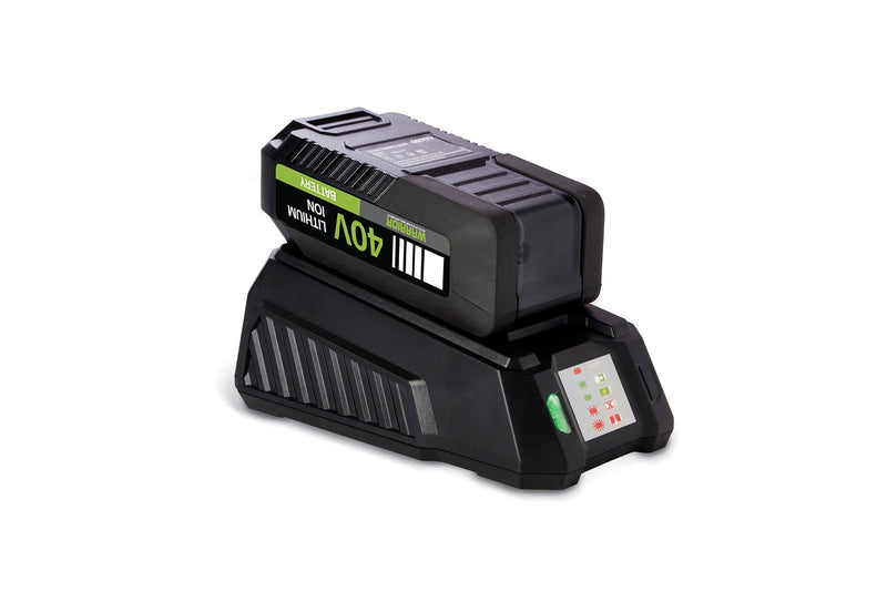Side view of a Warrior Eco Power Equipment 40V Lithium Ion Battery Charger with a 40v battery charging